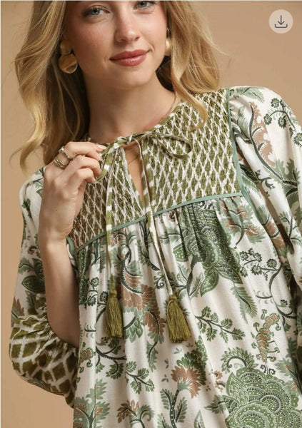Mixed Print Mini Dress - Sage
