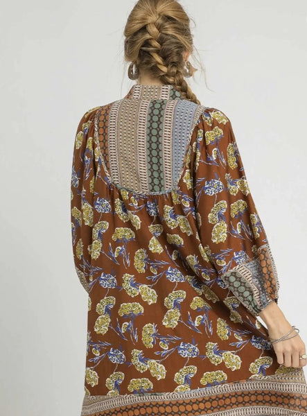 Boarder Print Tunic Dress - Sepia