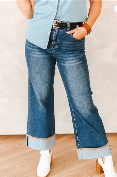 Mid Wash High Rise Stretch Denim Western Stitch Wide Leg Jeans (28in Inseam After Cuff)