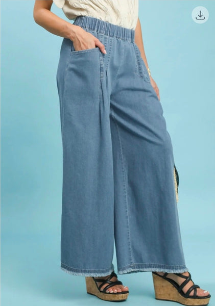 Stone Washed Wide Leg Pants - Lt. Denim