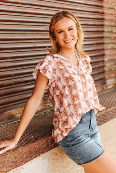 Rust Aztec Short Sleeve V-Neck Ruffle Sleeve Top