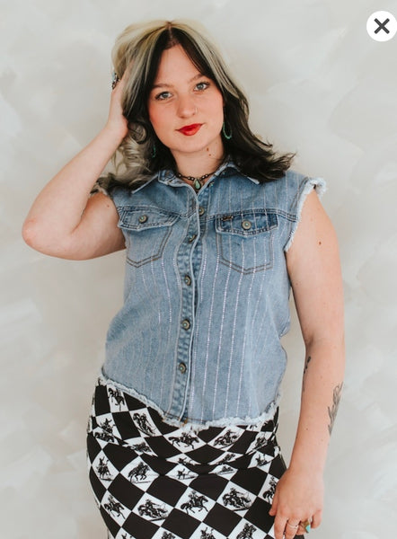 Mid Wash Stretch Denim Rhinestone Detail Concho Button Down Sleeveless Shirt