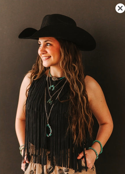 Black Stretch Suede Fringe Tier Sleeveless Top
