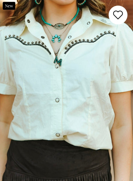 Ivory Studded Contrast Embroidered Puff Pearl Snap Button Down Shirt