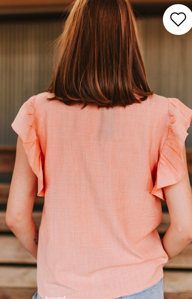 Coral Collared Button Down Ruffle Short Sleeve Top