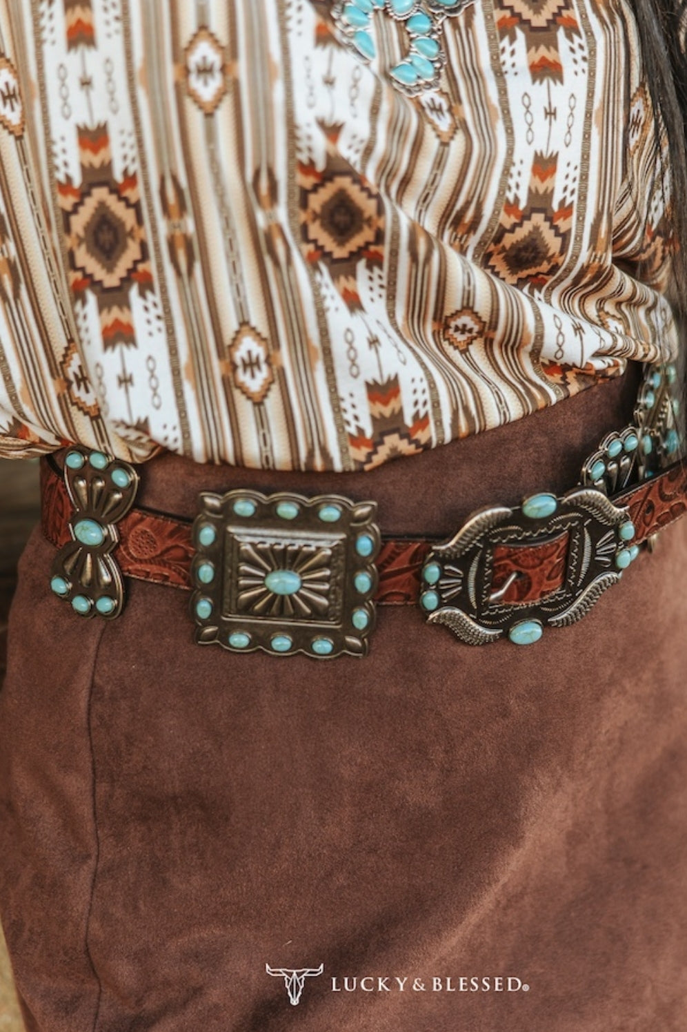 Brown Tooled Genuine Leather Turquoise Stone Ribbon Concho Belt