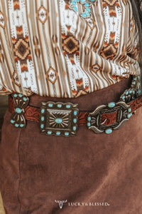 Brown Tooled Genuine Leather Turquoise Stone Ribbon Concho Belt