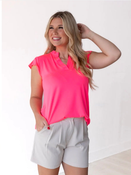 The Nicole Vneck Top  - Neon Pink