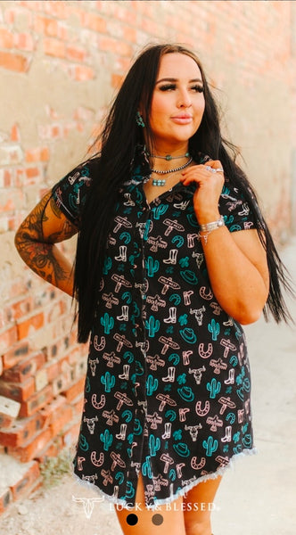 Black Western Printed Pearl Snap Button Down Shirt Dress