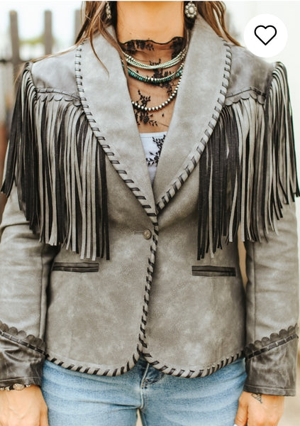 Black/Gray Worn Leather Jacket Hand Stitched Fringe Jacke