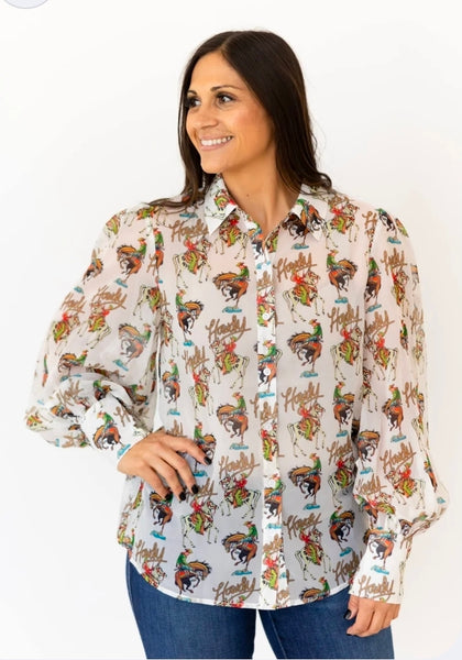 Ivory Howdy Western Print Button-Up Blouse