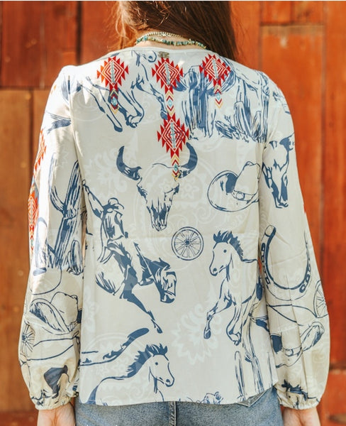 Ivory Western Printed Long Sleeve Elastic Cuff Top