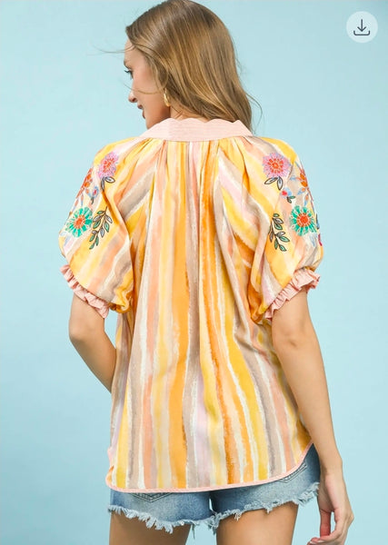 Embroidered Puff Sleeve Striped V-Neck Boho Blouse - Honey Mix