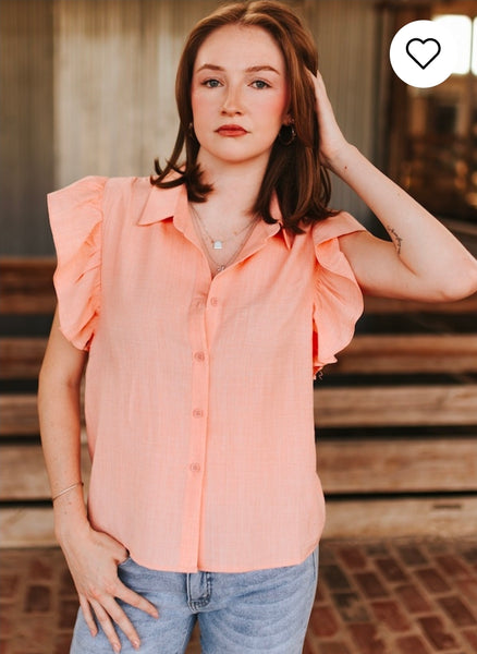 Coral Collared Button Down Ruffle Short Sleeve Top
