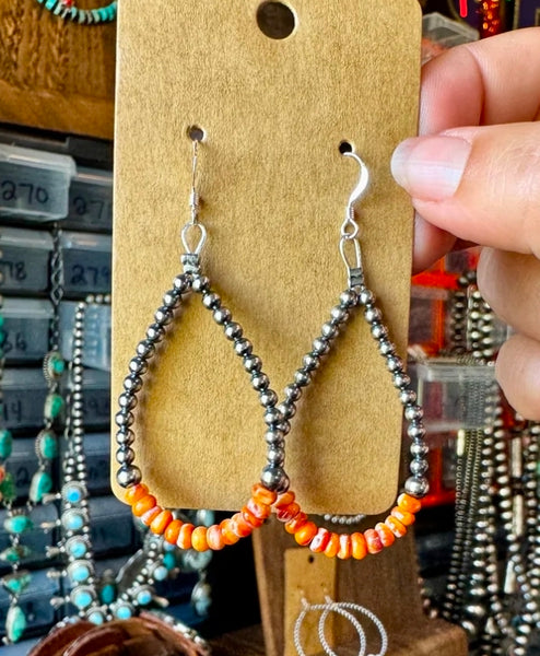 Teardrop Earrings – Sterling Silver Pearl & Orange Spiny Oyster
