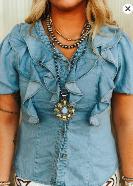 Light Wash Button Down Short Sleeve Ruffle Top