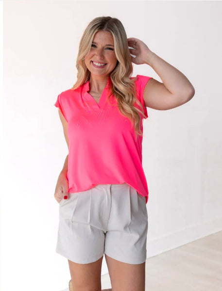 The Nicole Vneck Top  - Neon Pink