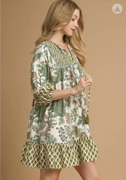 Mixed Print Mini Dress - Sage