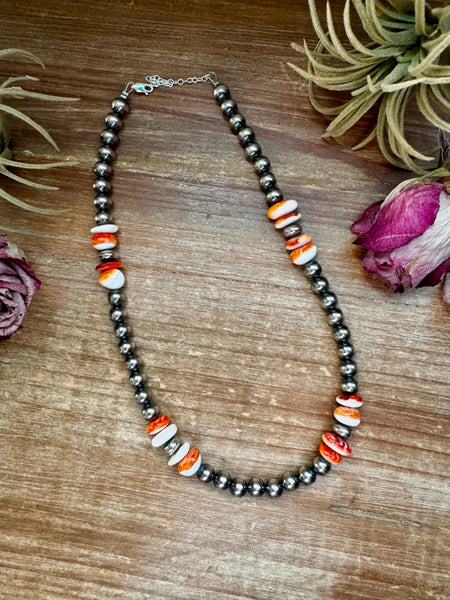 Spiny Oyster &amp; Sterling Silver Pearl Necklace – 8mm 17.5"