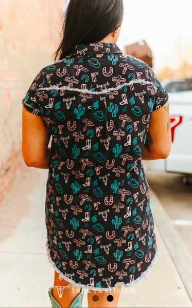 Black Western Printed Pearl Snap Button Down Shirt Dress