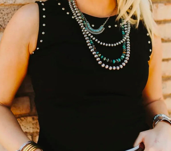 Black Vintage Silver Studded Tank Top