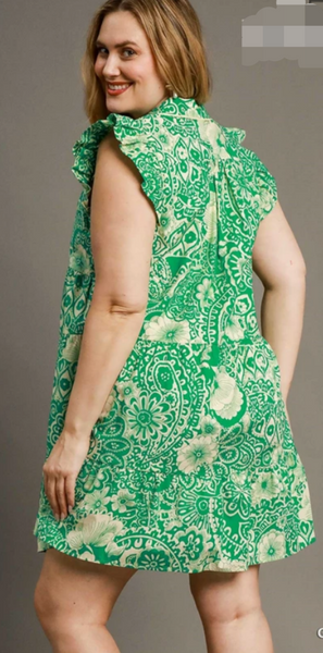 Boho Bloom Ruffle Mini Dress - Green