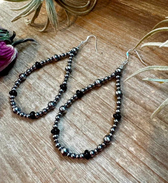 Sterling Silver Pearl & Black Onyx Teardrop Earrings