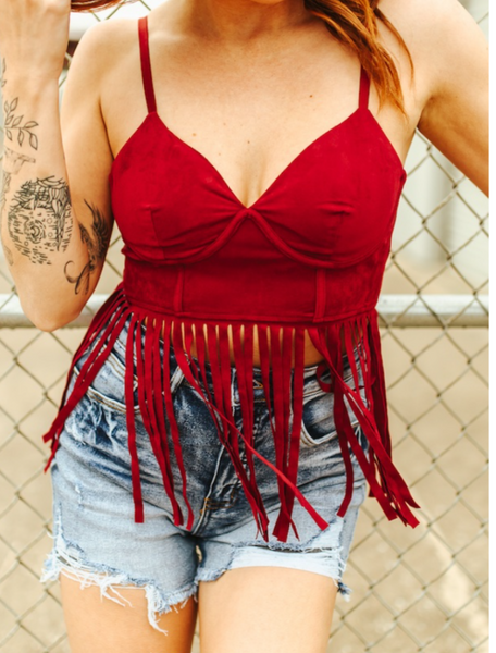 Red Stretch Suede Corset Fringe Hem Top