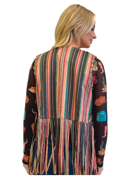 Suede Serape Print Studded Vest With Fringe