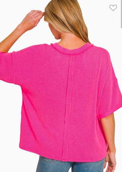 Ribbed Short Sleeve Front Pocket Top - Hot Pink