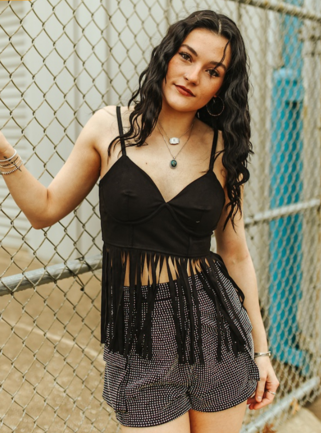 Black Stretch Suede Corset Fringe Hem Top