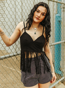 Black Stretch Suede Corset Fringe Hem Top