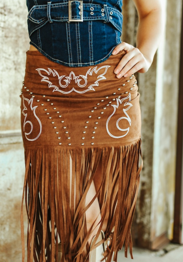 Brown Stretch Suede Boot Stitch Embroidered Studded Fringe Skirt