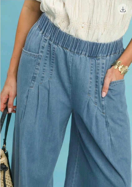 Stone Washed Wide Leg Pants - Lt. Denim