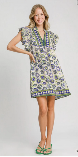 Ruffle Sleeve Boho Mini Dress - Blue Mix