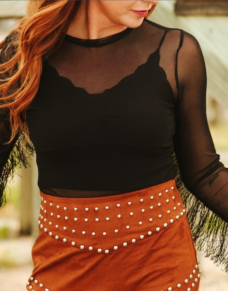 Black Mesh Long Sleeve Fringe Western Bodysuit
