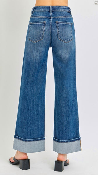 Tummy Control High Rise Ankle Wide Cuffed Jeans