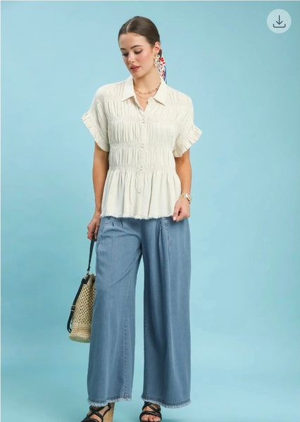 Stone Washed Wide Leg Pants - Lt. Denim