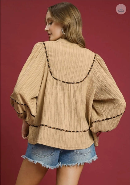 Texture Fabric Blouse with Animal Print - Taupe