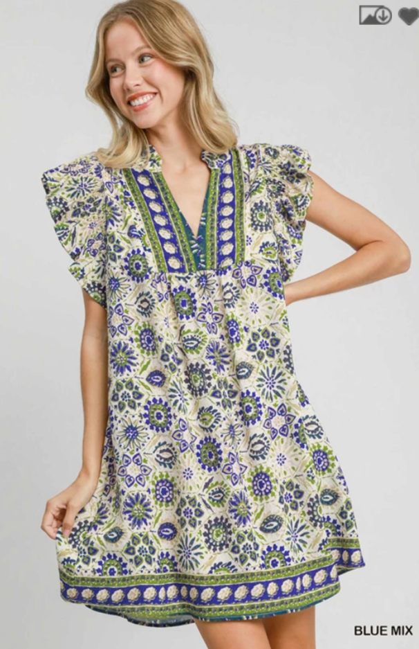 Ruffle Sleeve Boho Mini Dress - Blue Mix