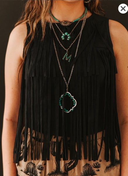 Black Stretch Suede Fringe Tier Sleeveless Top