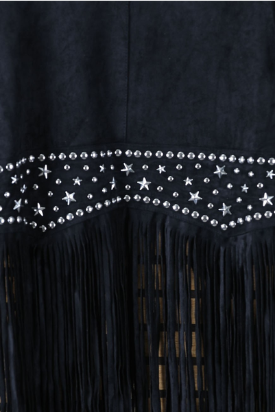 Suede Silver Studded Fringe Vest - Black