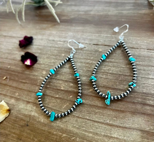 3mm teardrop earrings Sterling Silver Pearls with blue turquoise nuggets