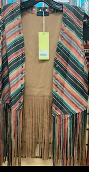 Suede Serape Print Studded Vest With Fringe