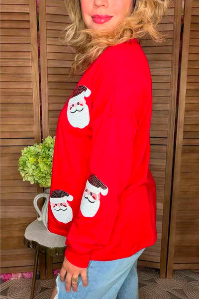 Christmas Sequin Santa Patch Red Long Sleeve