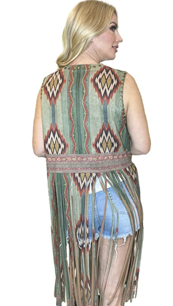 Aztec Print Vest w/Fringe