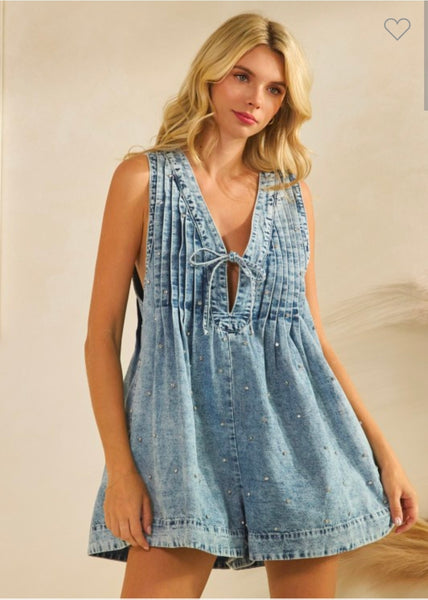 Pleated Rhinestone Denim Romper - Med wash
