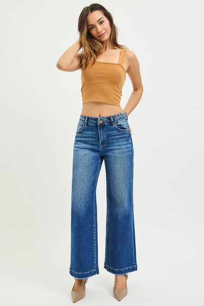 HIGH RISE WIDE JEANS WITH WAISTBAND SEAM DETAIL