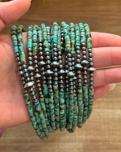 African Turquoise Heishi & Sterling Silver Pearl Necklace