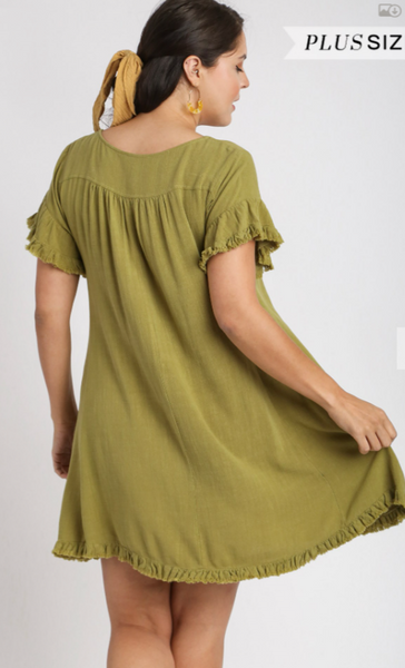 Plus Size Linen Dress With Pockets - Avocado